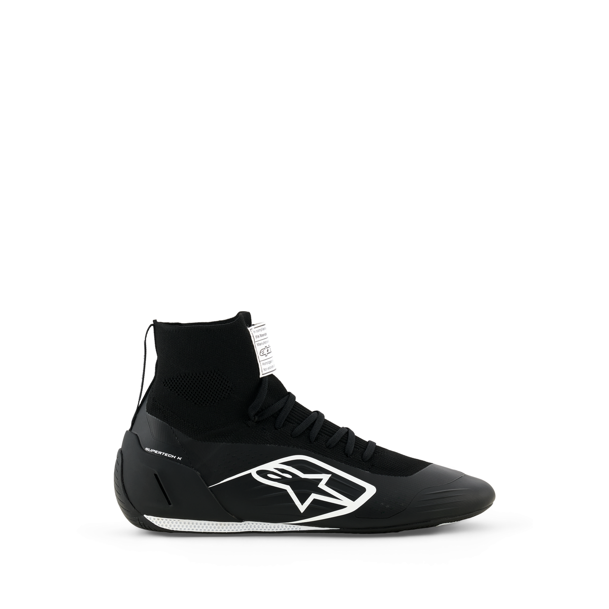 Zapatillas de Karting Alpinestars Supertech K FIA 8877-2022 Negro/Blanco, vista tres cuartos