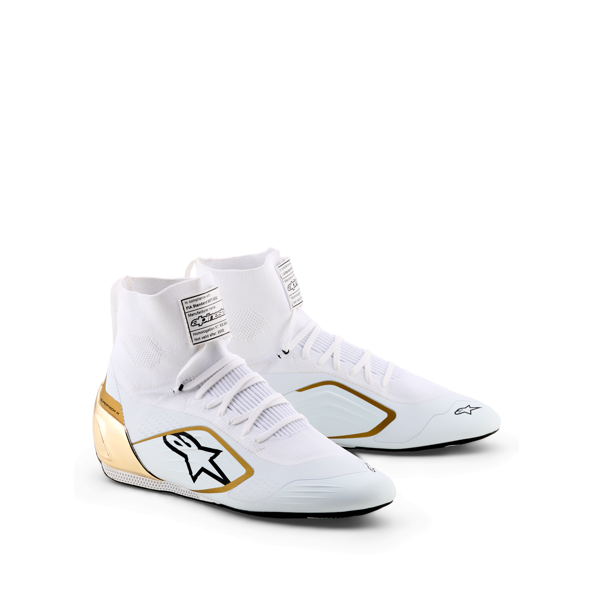 Zapatillas de Karting Alpinestars Supertech K FIA 8877-2022 Blanco/Negro/Dorado, vista frontal