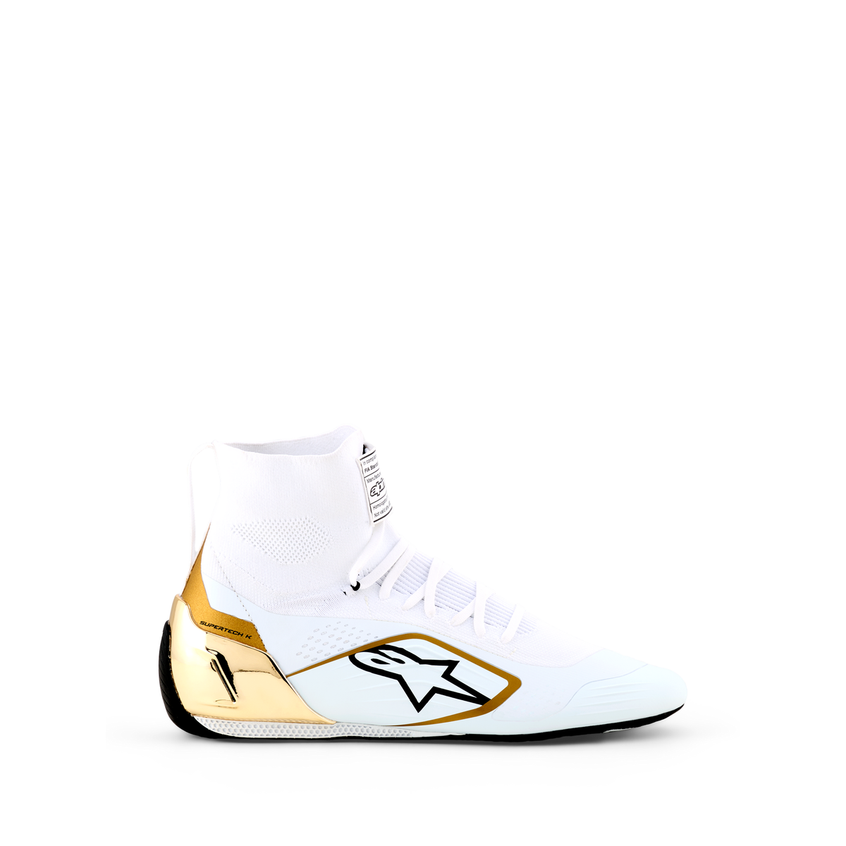 Zapatillas de Karting Alpinestars Supertech K FIA 8877-2022 Blanco/Negro/Dorado, vista tres cuartos