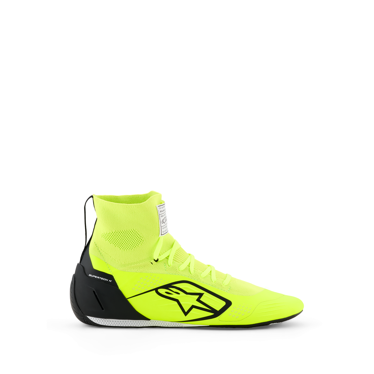 Zapatillas de Karting Alpinestars Supertech K FIA 8877-2022 Amarillo Flúo/Negro/Blanco, vista tres cuartos