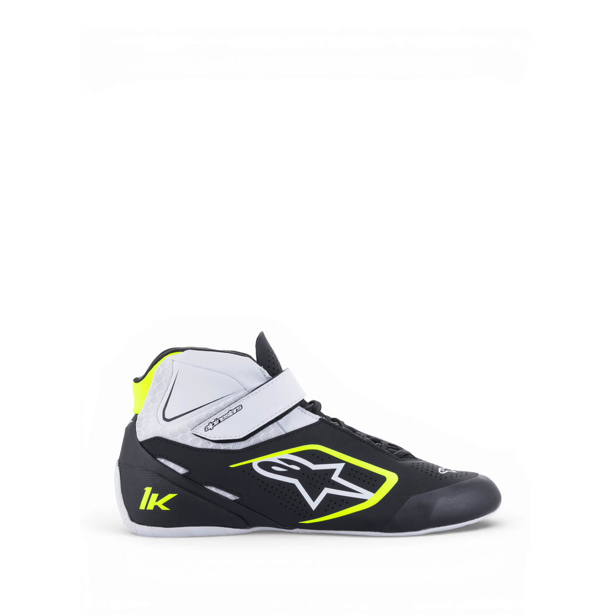 Zapatillas de Karting Alpinestars Tech-1 K V2 Negro/Blanco/Amarillo Flúo, vista tres cuartos