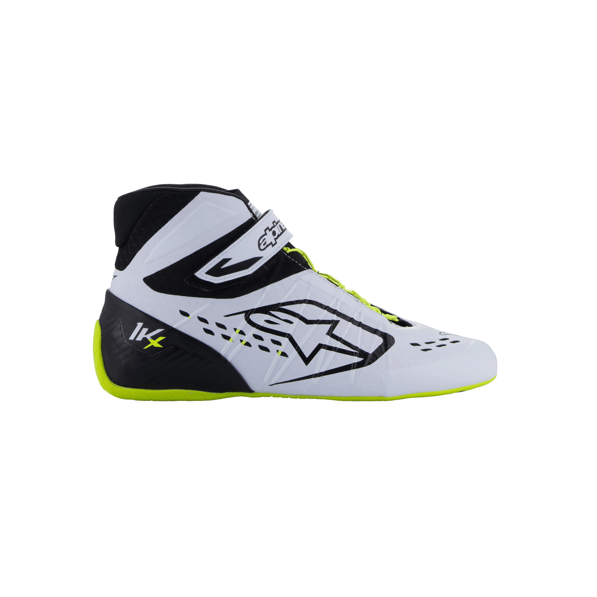 Zapatillas de Karting Alpinestars Tech-1 KX V3 FIA 8877-2022 Negro/Blanco/Amarillo Flúo, vista tres cuartos