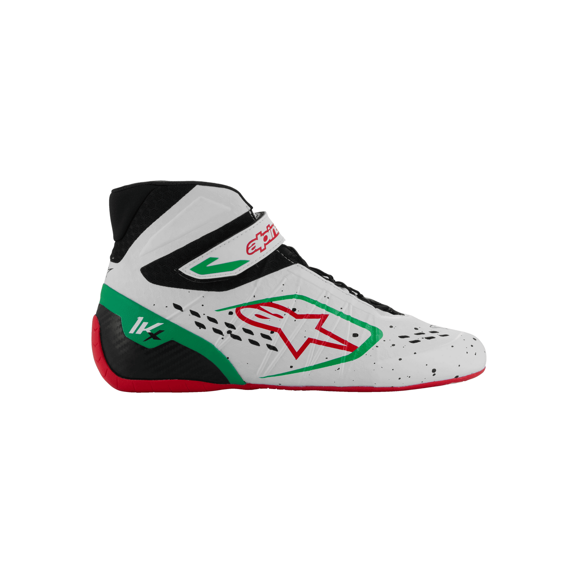 Zapatillas de Karting Alpinestars Tech-1 KX V3 FIA 8877-2022 Blanco/Verde/Rojo, vista tres cuartos