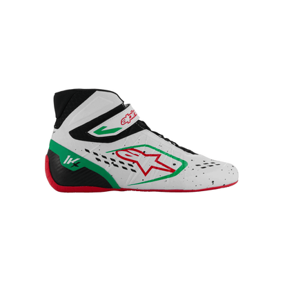 Zapatillas de Karting Alpinestars Tech-1 KX V3 FIA 8877-2022 Blanco/Verde/Rojo, vista tres cuartos