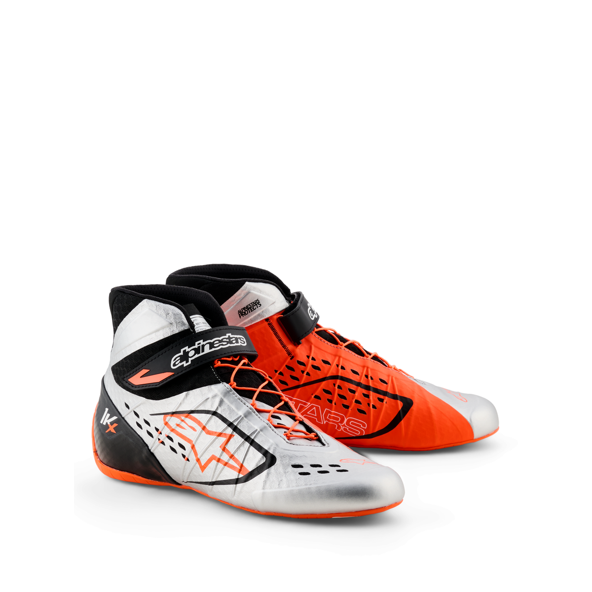 Zapatillas de Karting Alpinestars Tech-1 KX V3 FIA 8877-2022 Negro/Plata/Naranja Flúo, vista frontal