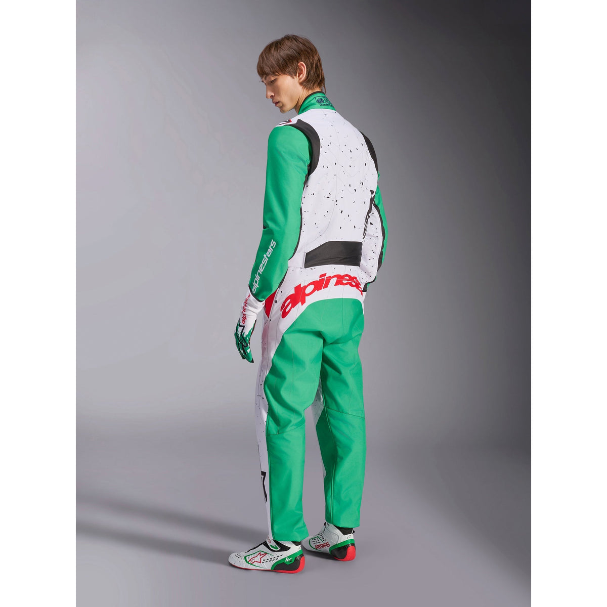Traje de Karting Alpinestars KMX-9 V3 Graphic 6 FIA 8877-2022 Blanco/Verde/Rojo, vista lateral trasera