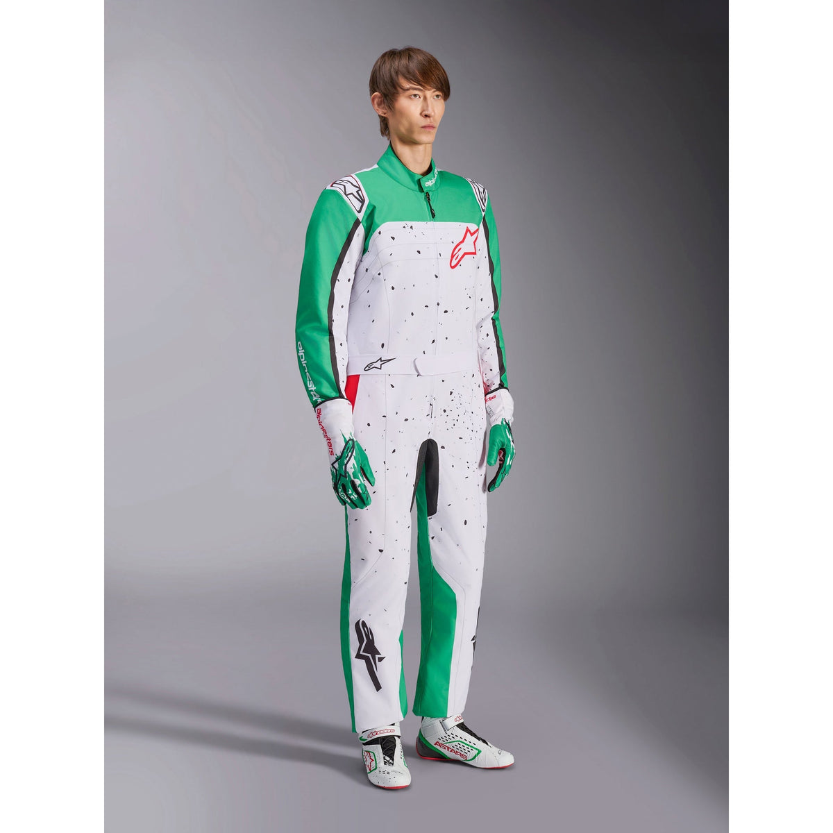 Traje de Karting Alpinestars KMX-9 V3 Graphic 6 FIA 8877-2022 Blanco/Verde/Rojo, vista lateral delantera