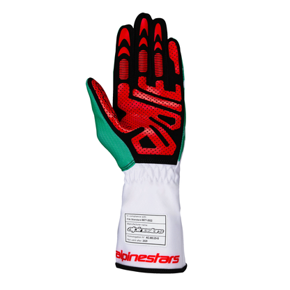 Guantes de Karting Alpinestars Tech-1 K V3 FIA 8877-2022 Blanco/Verde/Rojo, vista trasera