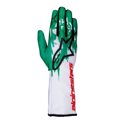 Guantes de Karting Alpinestars Tech-1 K V3 FIA 8877-2022 Blanco/Verde/Rojo, vista frontal