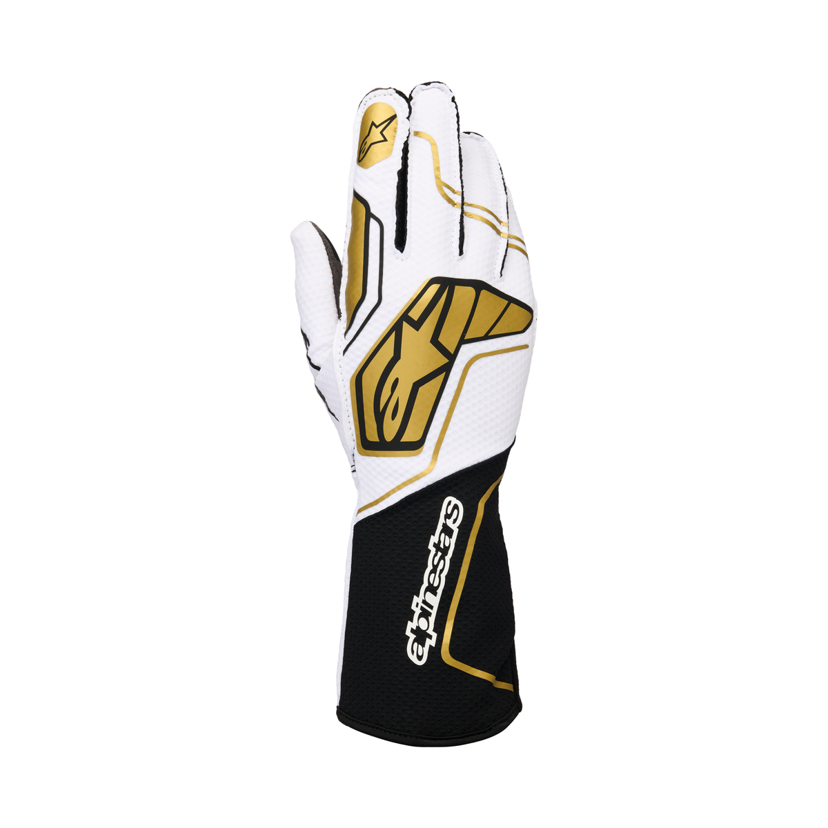 Guantes de Karting Alpinestars Tech-1 KX V4 FIA 8877-2022 Blanco/Negro/Dorado, vista frontal