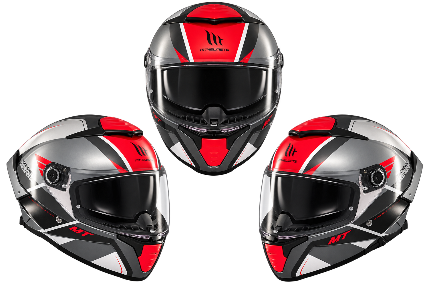 Casco integral MT Thunder 4 SV Freeway en rojo, gris y negro visto desde tres ángulos