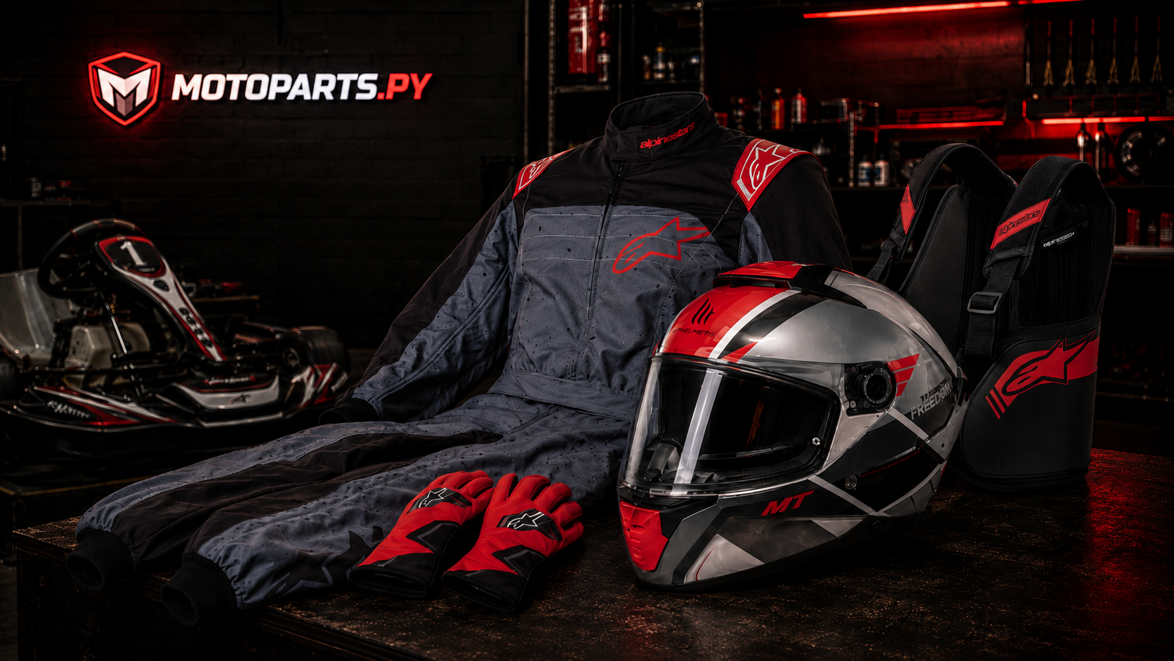 Casco de moto MT, mameluco y guantes de karting Alpinestars junto a un kart de competición