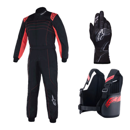 Kit Cadete Alpinestars: traje infantil KMX-9 V3 S FIA, guantes K Race S V2 y protector de costillas Youth Bionic