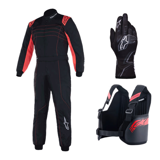 Kit Cadete Alpinestars: traje infantil KMX-9 V3 S FIA, guantes K Race S V2 y protector de costillas Youth Bionic