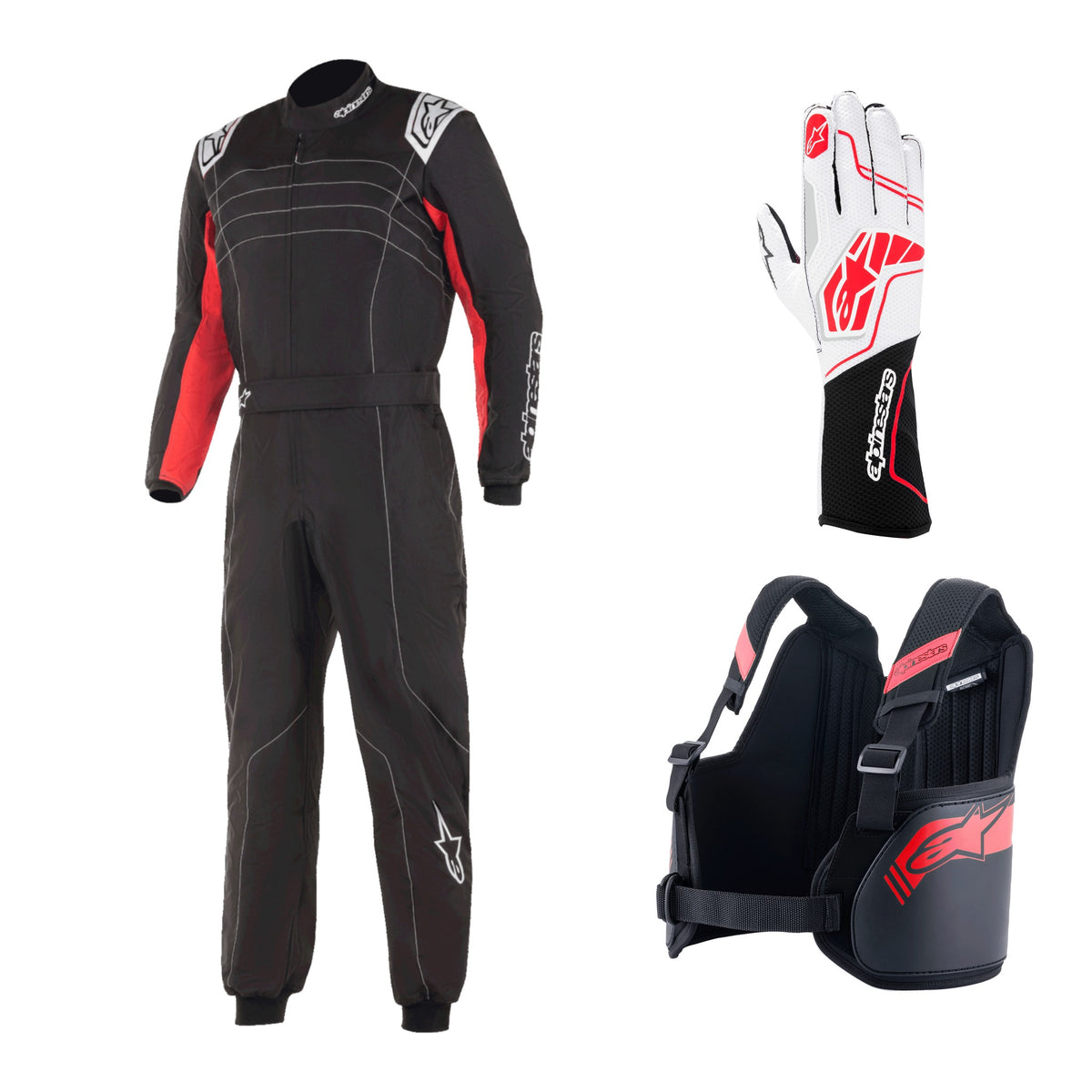 Kit Competición FIA Alpinestars: traje KMX-9 V3, guantes Tech-1 KX V4 y protector de costillas Bionic en negro y rojo